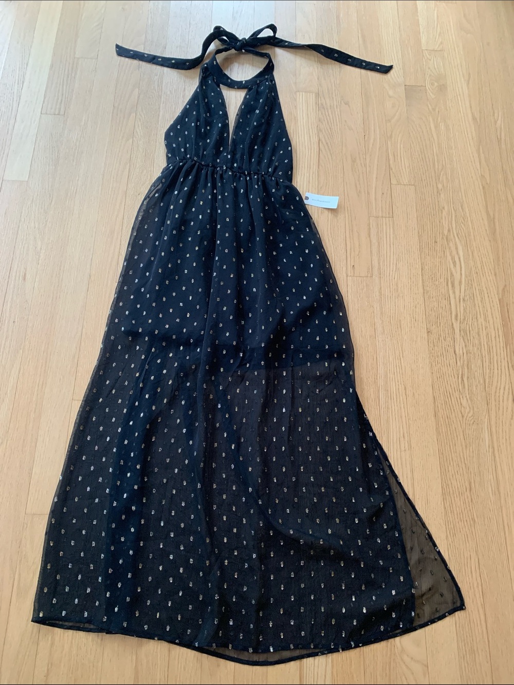 Anthropologie Celandine Beach Disco Plunging Maxi Dress Black Gold Dot Small NWT
